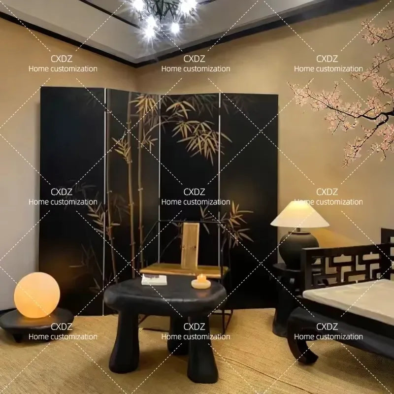 Hand-Painted Golden Bamboo Black Lacquer Folding Screen | 4-Panel Room Divider