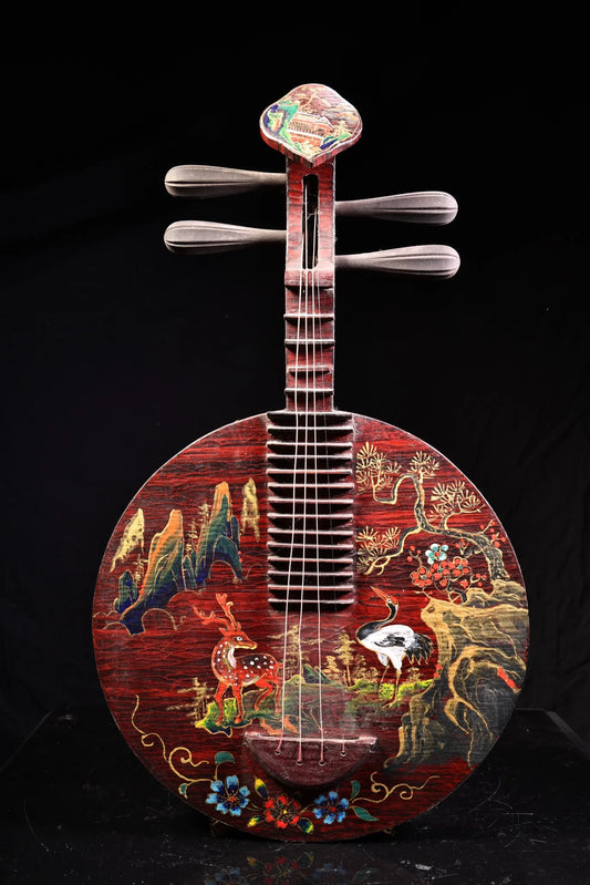 Wooden Lacquerware Deer & Crane Yueqin / Pipa – Asian Home Decor Instrument