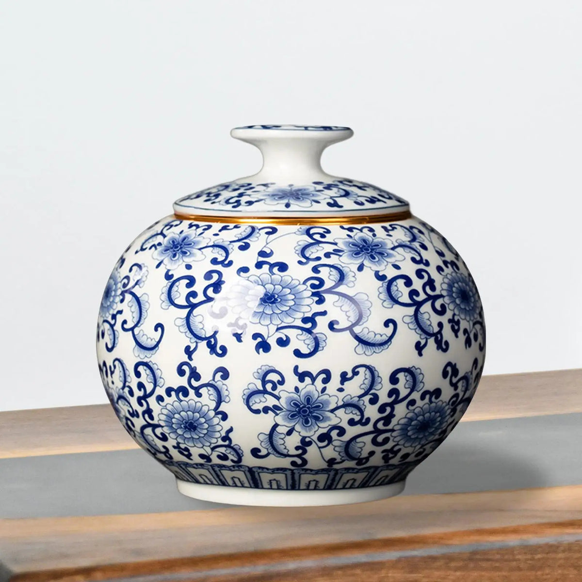 Floral Blue & White Porcelain Temple Jar | Desktop Tea Caddy
