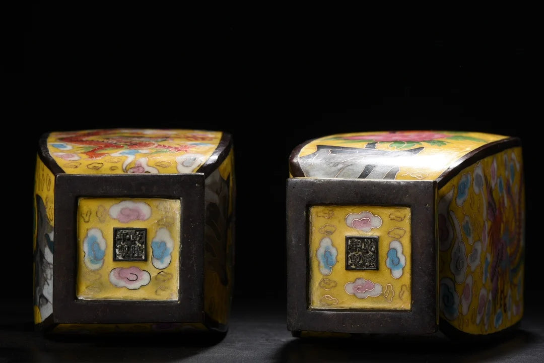 10" Tibetan Temple Collection Old Bronze Cloisonné Enamel Dragon & Phoenix Square Bottle Vases (Pair)