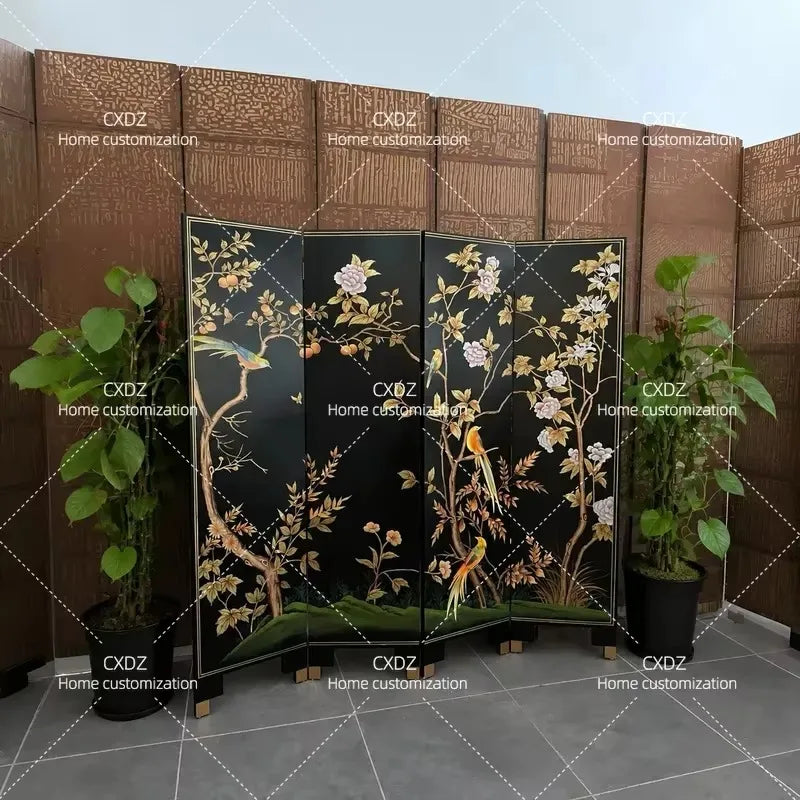 Hand-Painted Black Lacquer Relief Folding Screen – 4-Panel Flower & Bird Room Divider