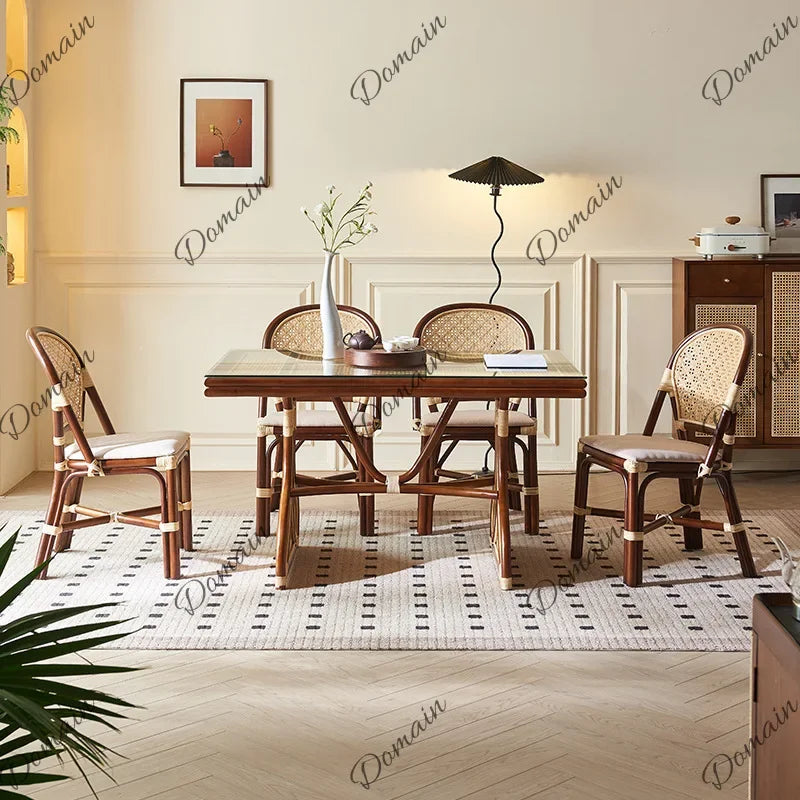 V81 Southeast Asian Rattan Dining Table Vintage Rustic Creative Art Table Chair Set Rectangular Restaurant Furniture