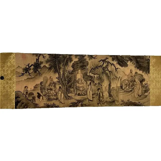 China Alte lange horizontale Schriftrolle Berühmte alte chinesische Gemälde Dai Wenjins Aquarell "Da Mo Zhi Hui Tu"
