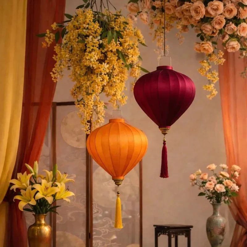14-Inch Oriental Satin Silk Palace Lantern – Traditional Vietnamese Hanging Lantern
