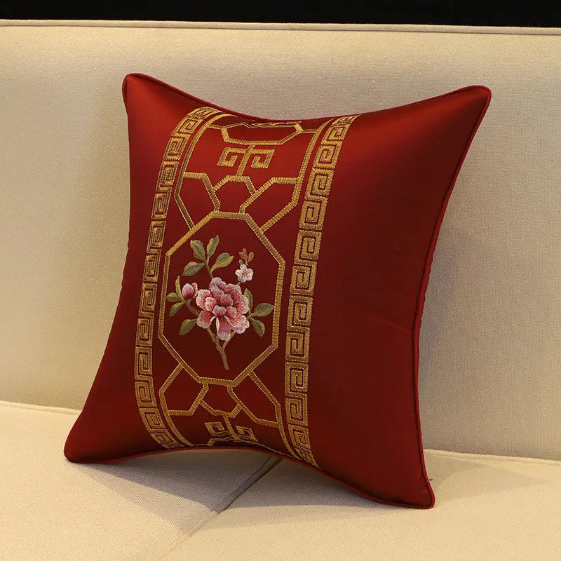 New Chinese-Style Flower & Bird Embroidered Pillow Cover – Silk-Touch Lumbar & Square Cushion Case