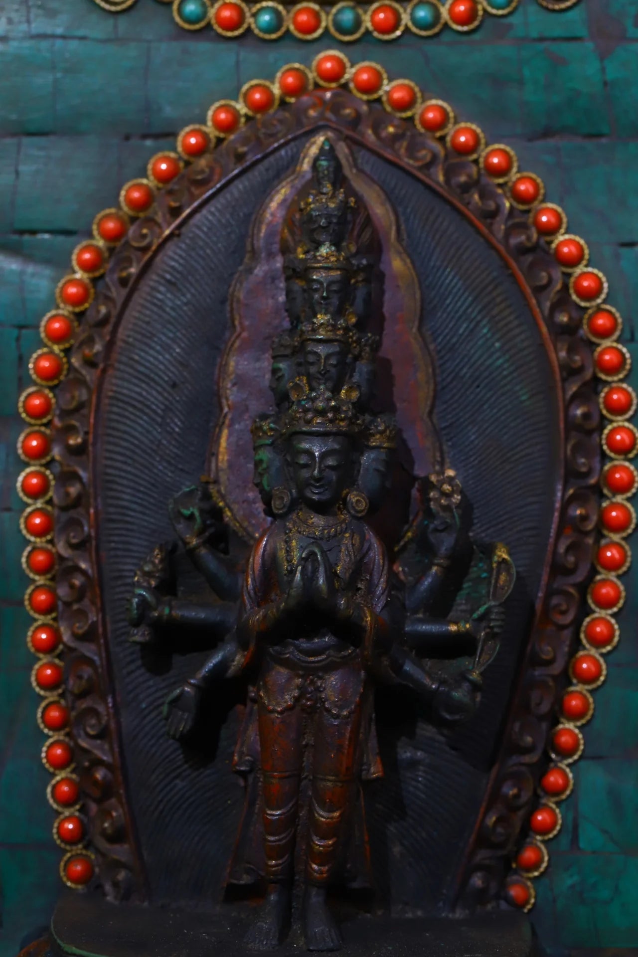 9" Tibetan Temple Collection Old Bronze Mosaic Gem gZi Beads Turquoise 1000-Arm Guanyin