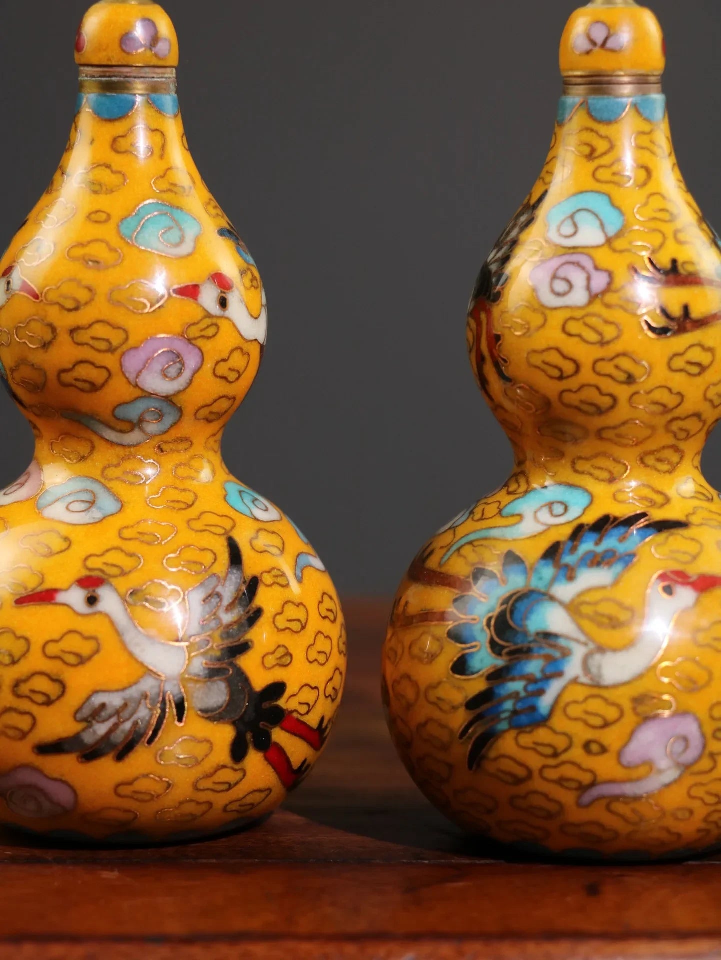 7" tibetisches Bronze Cloisonné Kranich-Kürbis-Paar – Asiatische Heimdekoration