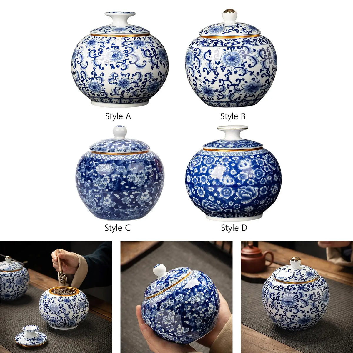 Floral Blue & White Porcelain Temple Jar | Desktop Tea Caddy