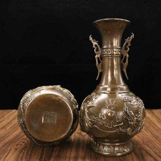 Tibetan Bronze Patina Dragon-Ear Dragon & Phoenix Vases (Pair, 11")