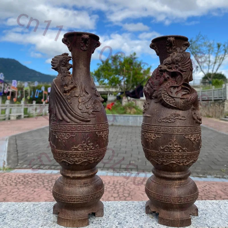 Hand-Carved Vietnamese Agarwood Dragon & Phoenix Vase - 10" Feng Shui Sculpture for Home Decor, Living Room, Office, Gifts