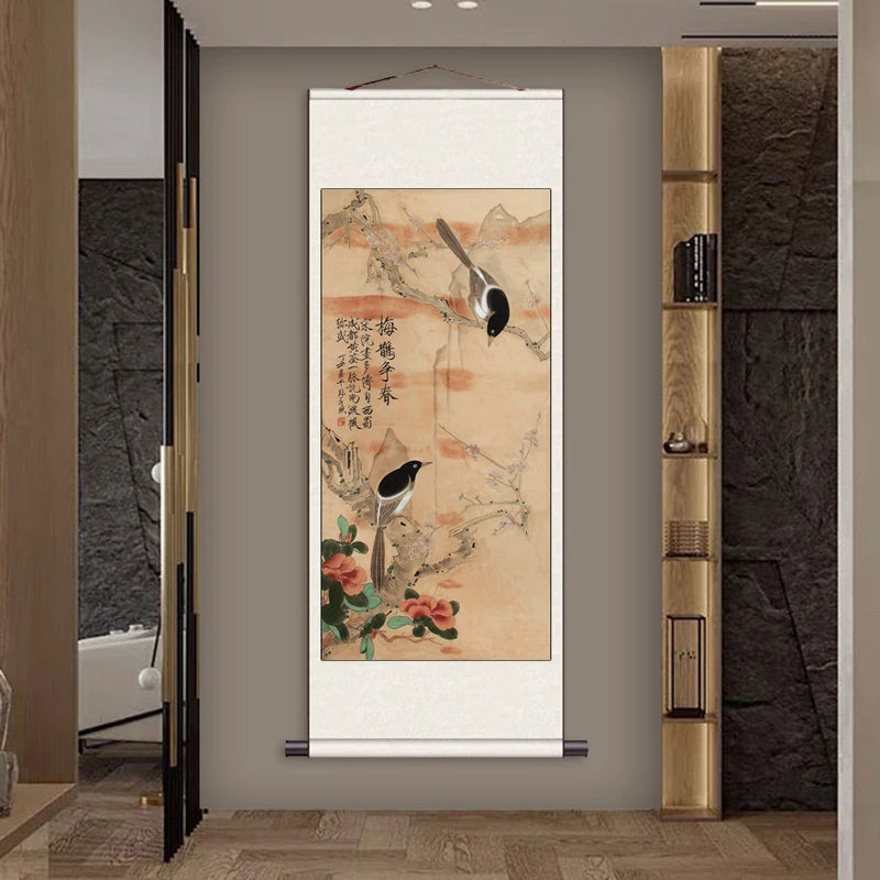 Peach Blossom Double Swallow Decorative Calligraphy and Painting Silk Gift Room Decor Aesthetic Wall Art Home Decor