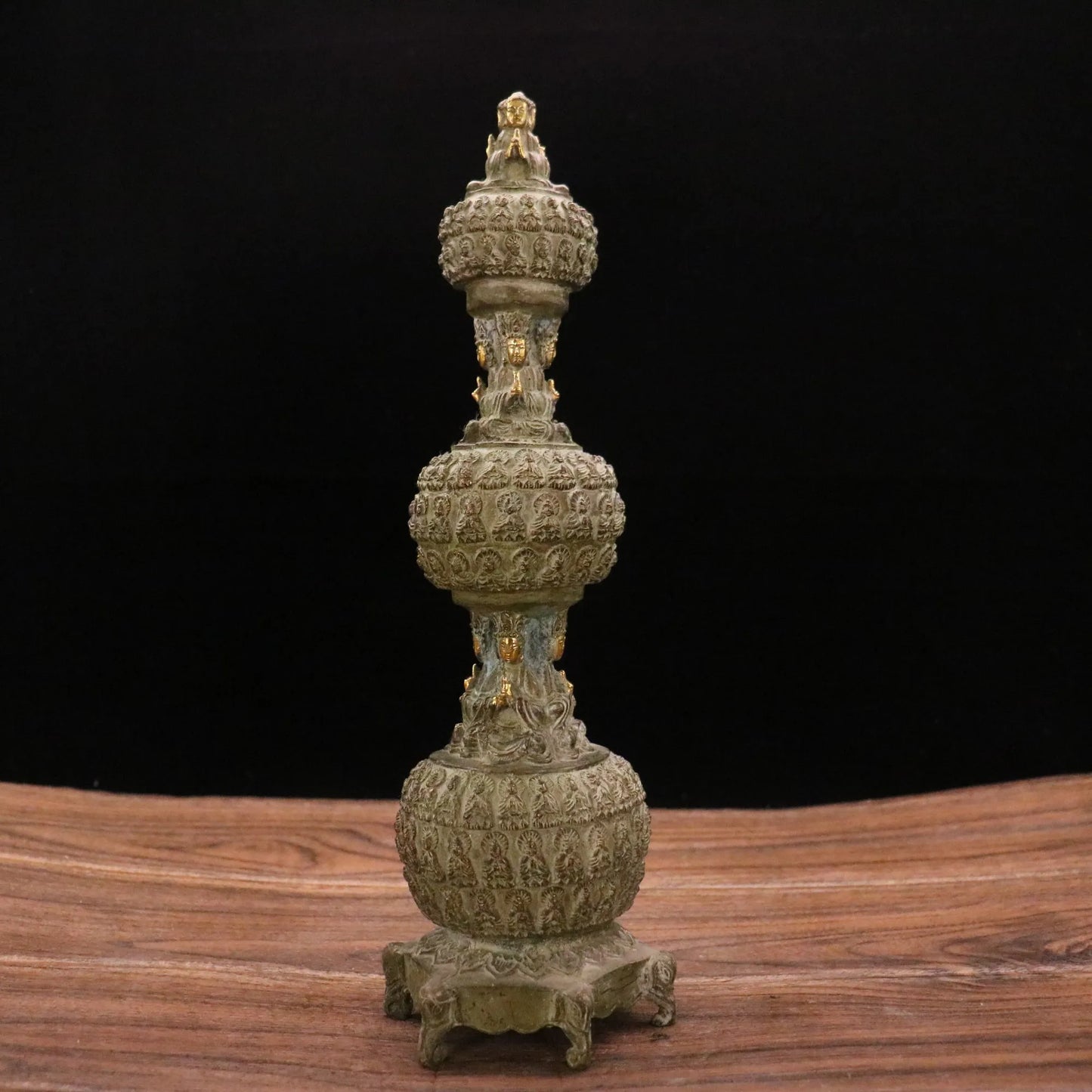 Old Tibetan Brass Thousand Buddhas Pagoda Stupa, 13"