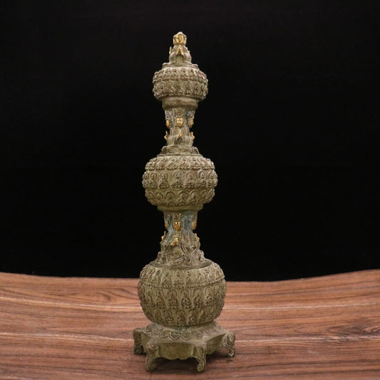 Old Tibetan Brass Thousand Buddhas Pagoda Stupa, 13"