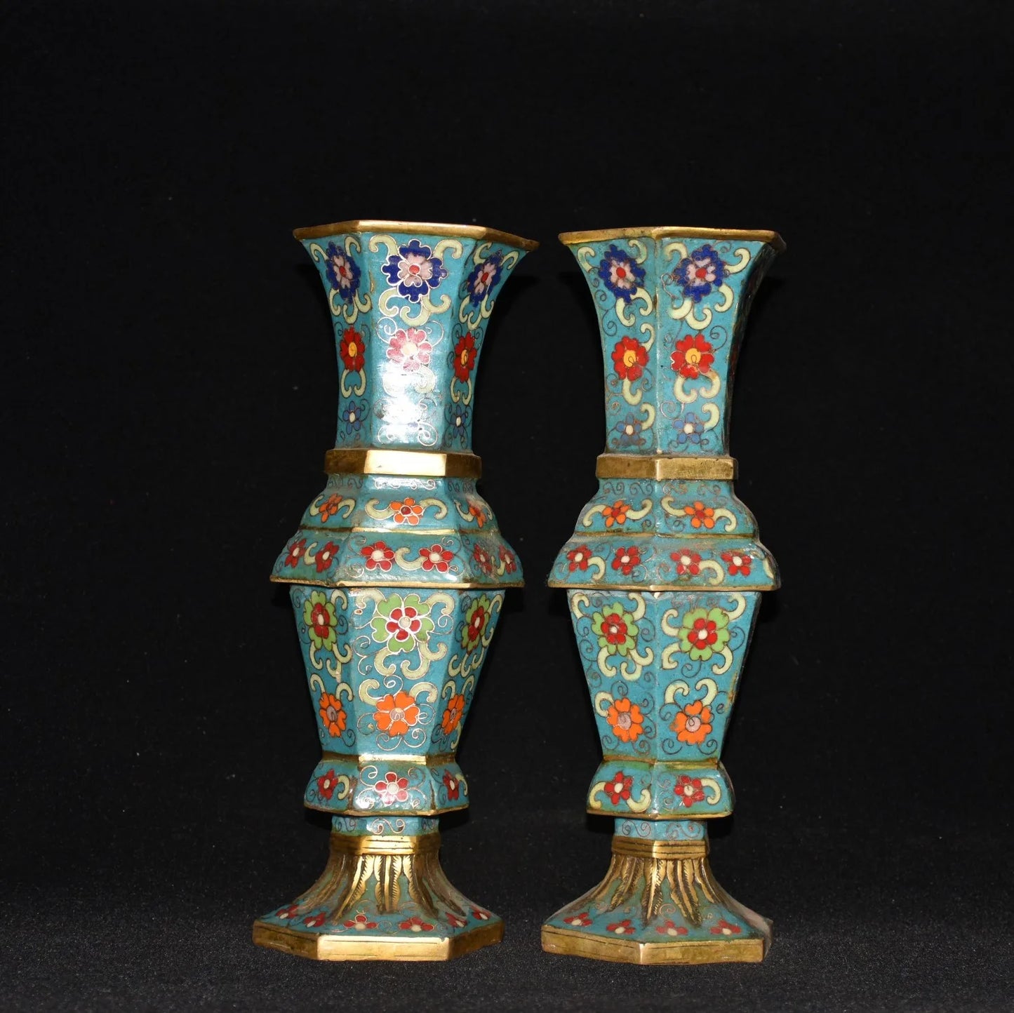 Bronze Cloisonné Hexagonal Bottle Vases (Pair) – Temple Office Ornaments