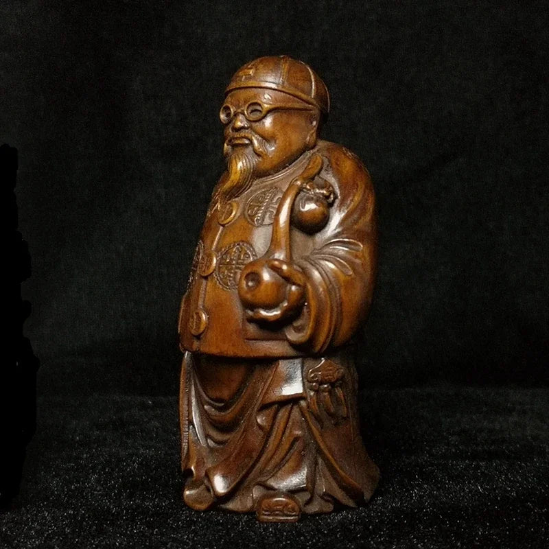 Old Chinese Japanese Boxwood Hand Carved Moneybags Rich Man God of Wealth Statue Netsuke Table Decoration