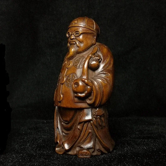 Antigua estatua china japonesa de boj tallada a mano, con forma de hombre rico que lleva un saco de dinero, dios de la riqueza, Netsuke, decoración de mesa
