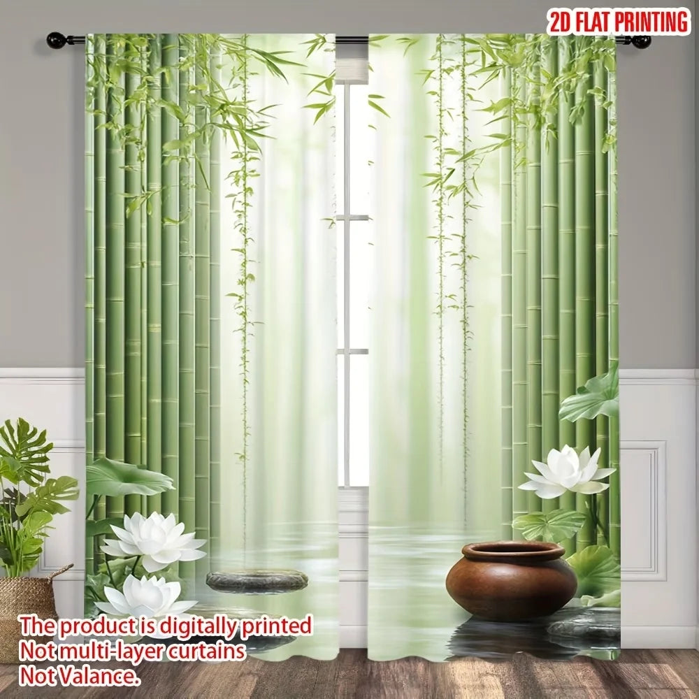 2-Piece Zen Botanical Window Curtains – Bamboo Forest & Lotus Flower Print