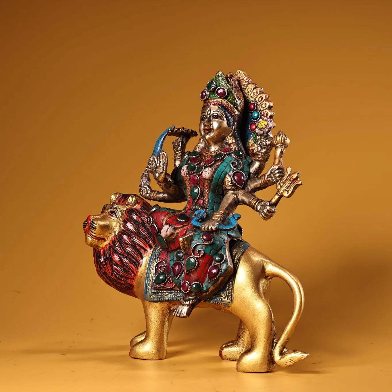 9" Tibetan Temple Collection Old Bronze Outline in gold Mosaic Gem Turquoise Durga Six-armed Lion guardian Shiva Worship Hall
