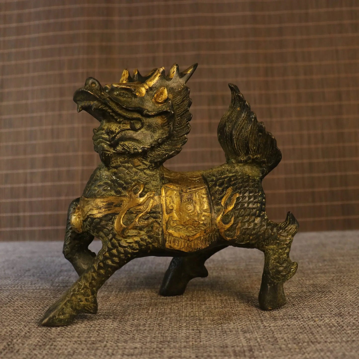 6" Tibetan Temple Collection Old Brass Gilded Kylin Statues (Pair)
