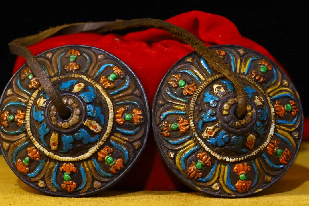 Tibetan Bronze Cinnabar Eight Treasures Buddha Bell (3")