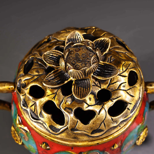 6"Tibetan Temple Collection Old Bronze Cloisonn Enamel High Relief Lotus cover Lotus Root Ear Three Legged Incense Burner