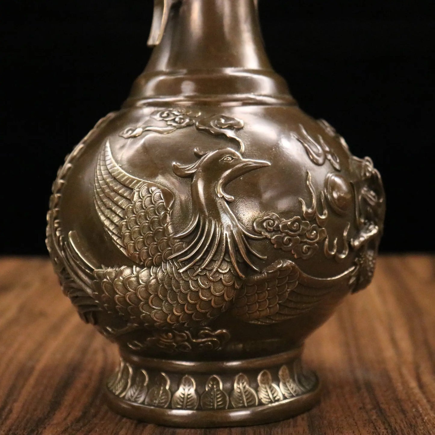 Tibetan Bronze Patina Dragon-Ear Dragon & Phoenix Vases (Pair, 11")