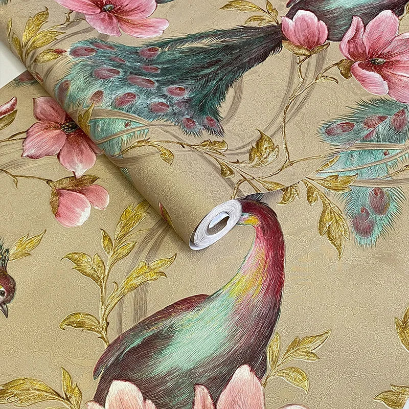 Southeast Asian Floral & Peacock Feather Wall Mural – Exotic Tropical Wallpaper
