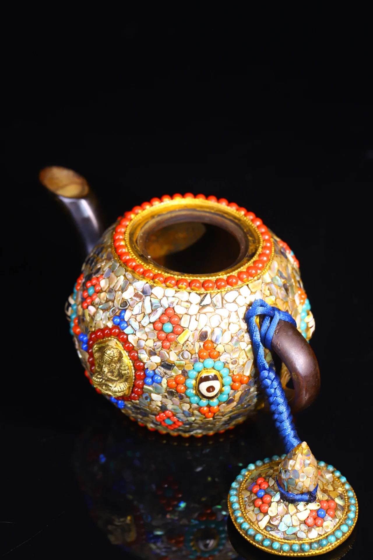 6"Tibetan Temple Collection Old Natural Horn Mosaic Gem gZi Beads Shell Butter pot Beam jug kettle teapot Manjusri Town House