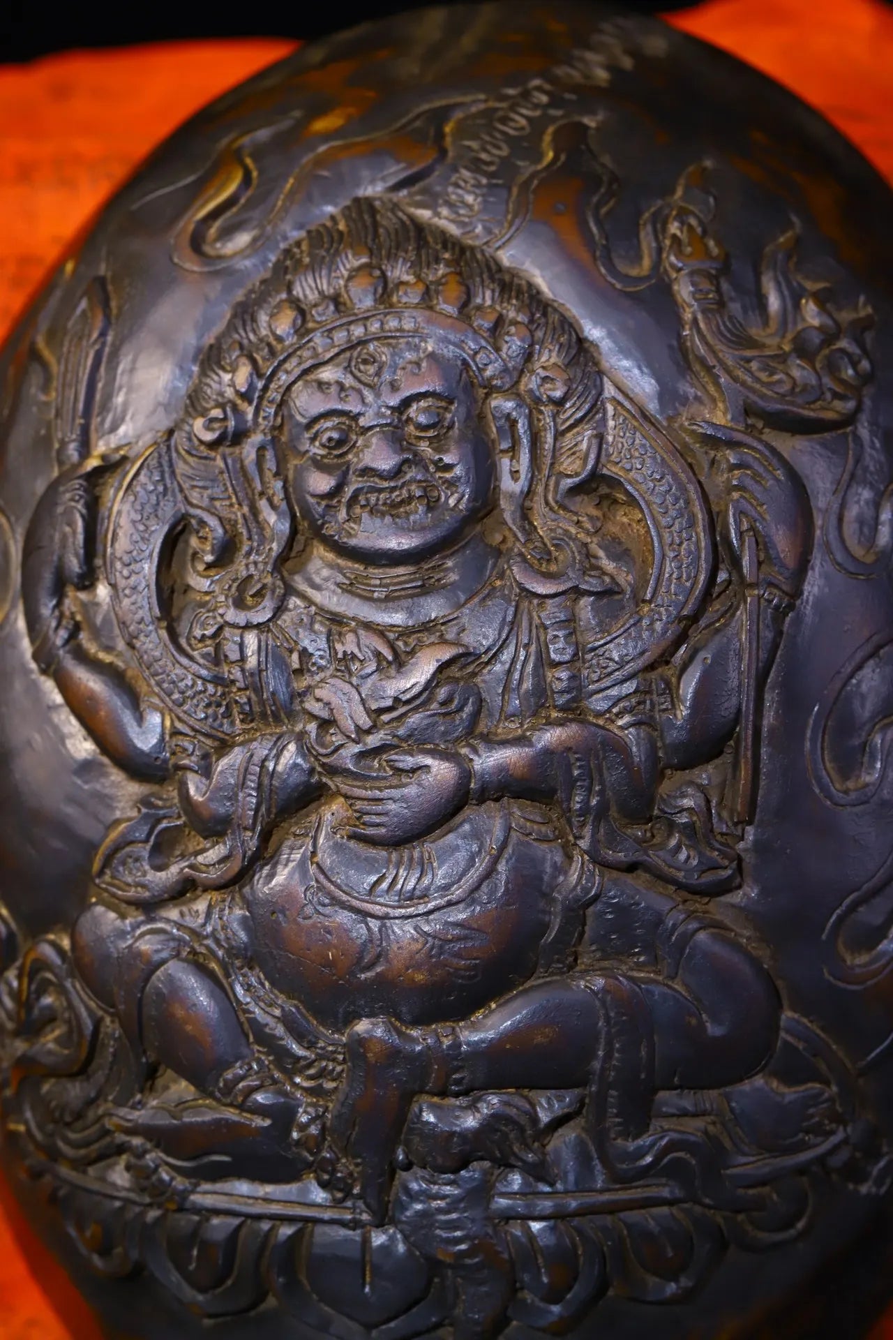 6"Tibetan Temple Collection Old Gabala Bowl  Tibetan silver Skull Head Four-armed Mahakala Buddha Dharma Ornaments Town House