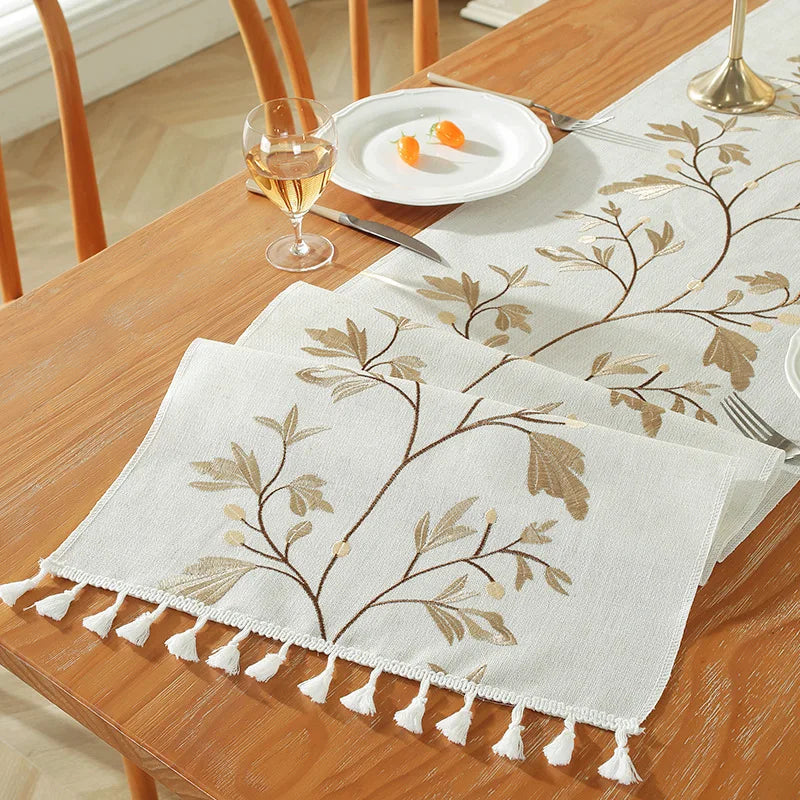 Cotton Linen Embroidered Table Runner, Willow Leaf Table Runners, Rustic Farmhouse Table Runner for Dining Parties Wedding Decor