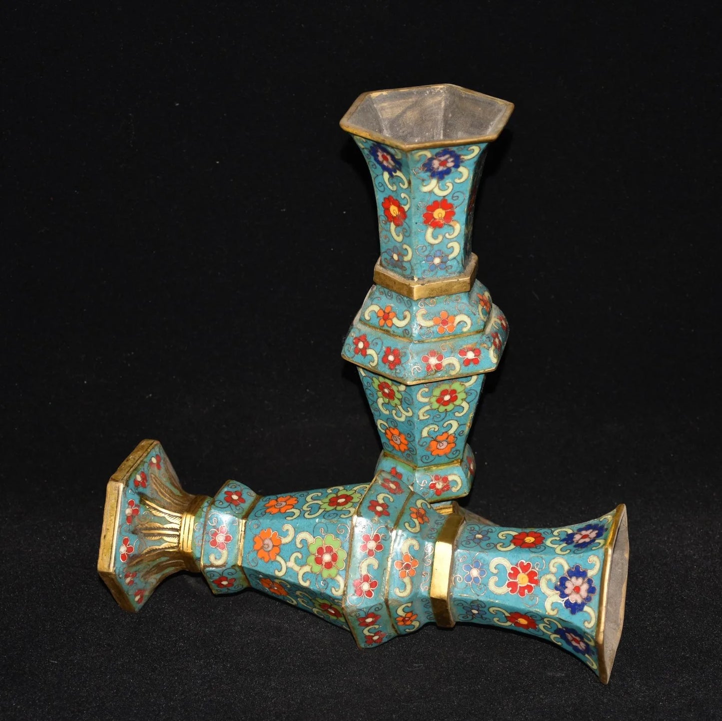 Bronze Cloisonné Hexagonal Bottle Vases (Pair) – Temple Office Ornaments