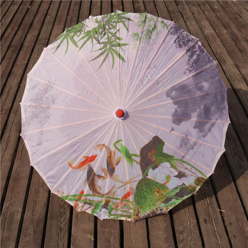 Chinese Style Silk Print Bamboo Umbrella