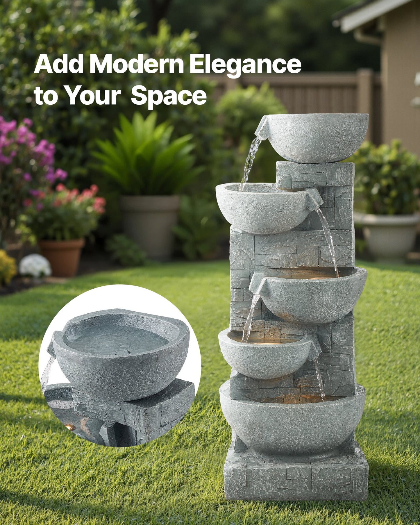 Outdoor Water Fountain 5-Tier Bowl-Shaped Cascading 31.5 cm
