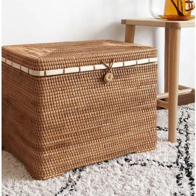 Handcrafted Vietnam Autumn Rattan Hamper with Cover – Natural Woven Laundry & Storage Chest (43×28×35cm)
