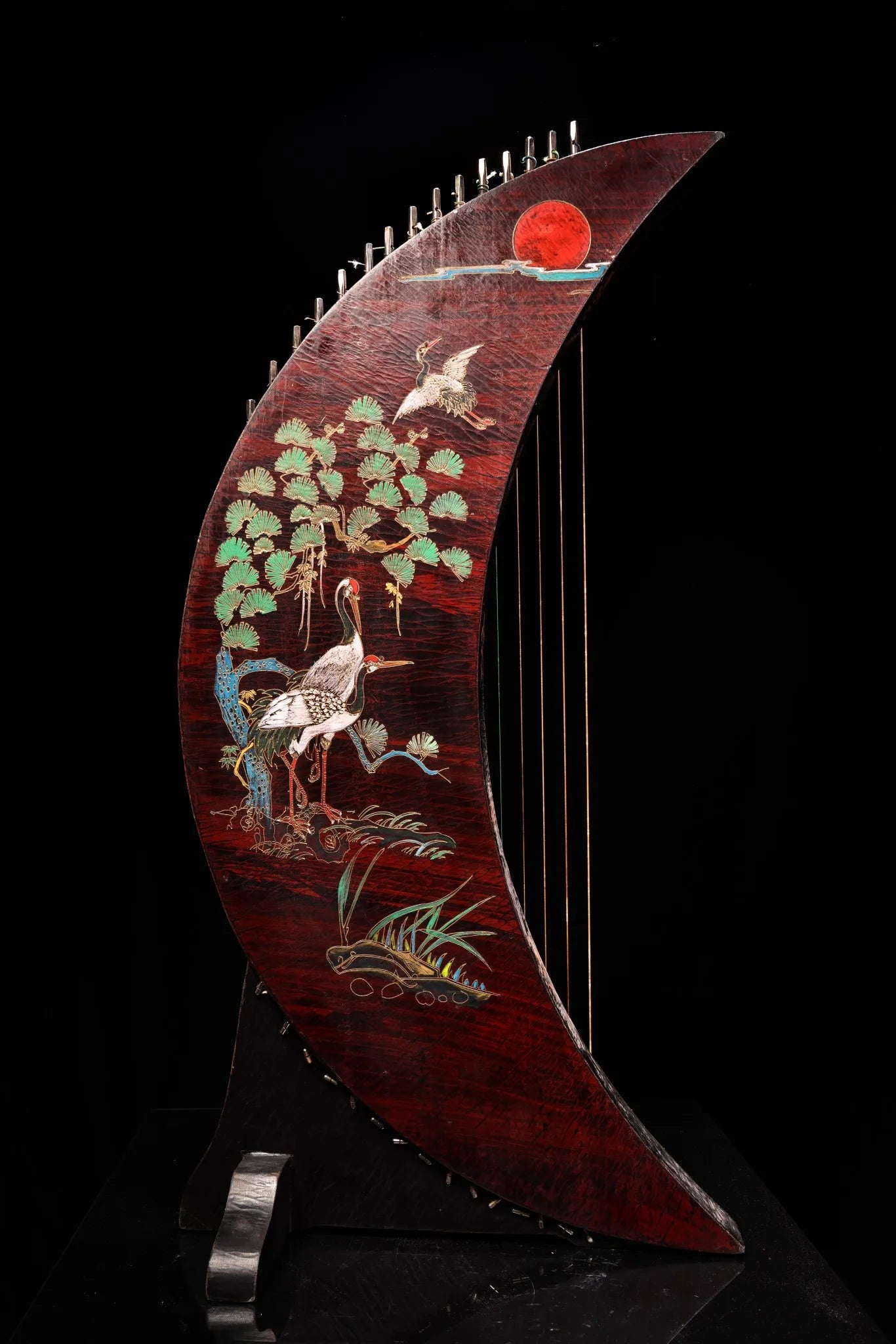 35" Nepalese Crescent Moon Guqin – Lacquered Crane Instrument Asian Home Decor
