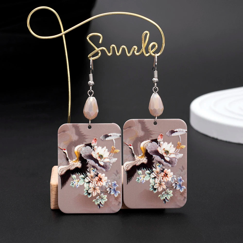 Chinese Crane Flower Dangle Earrings – 3D Printed Acrylic