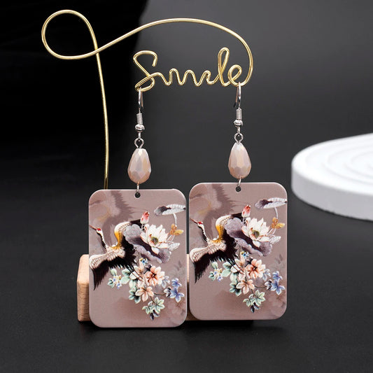 Pendientes colgantes de flor de grulla china – Acrílico impreso en 3D