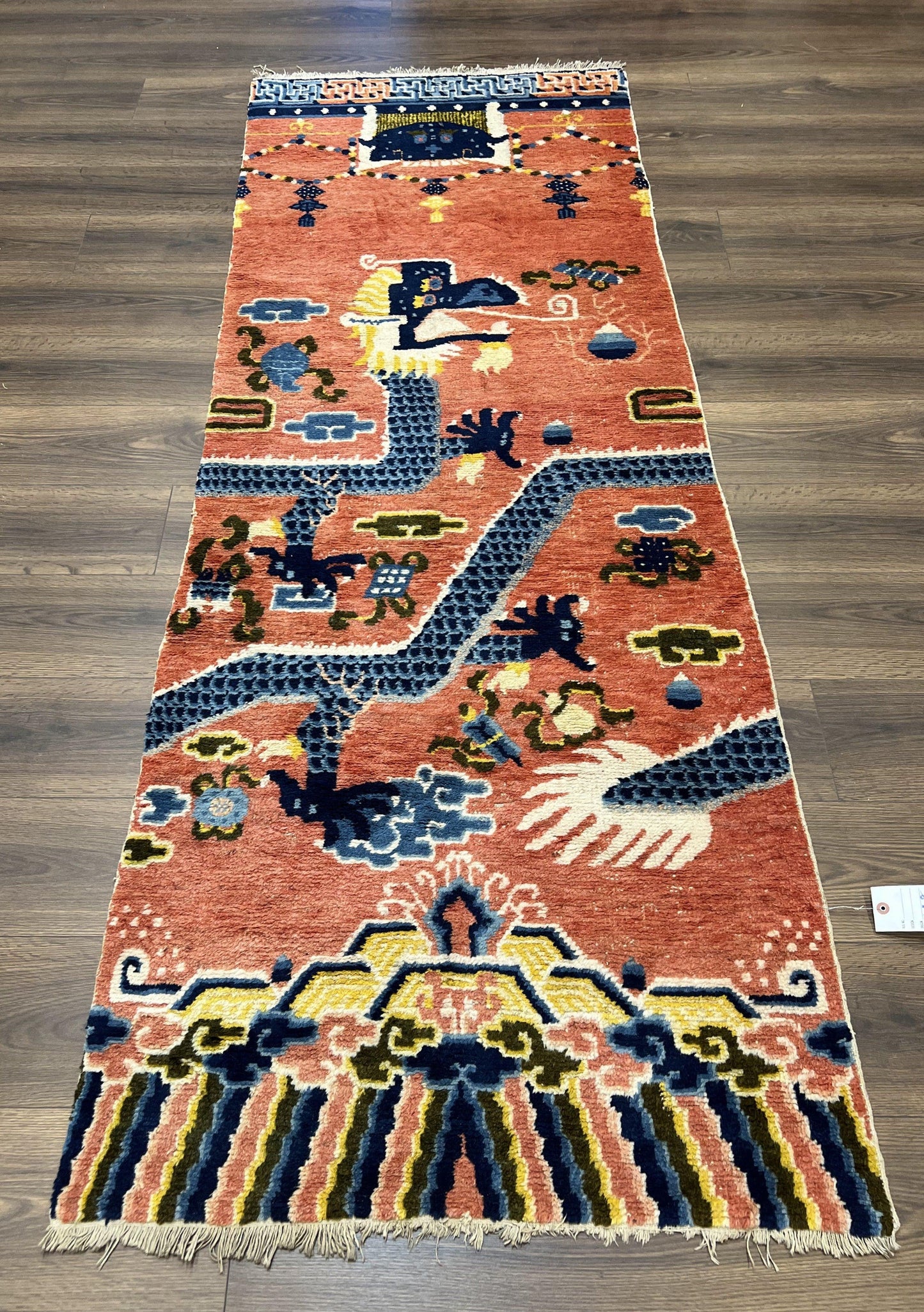Alfombra de pilar china Ningxia rara de 3x8, finales de la dinastía Qing, dragón de 5 garras, borde de arcoíris de nubes, alfombra antigua coleccionable, lana anudada a mano