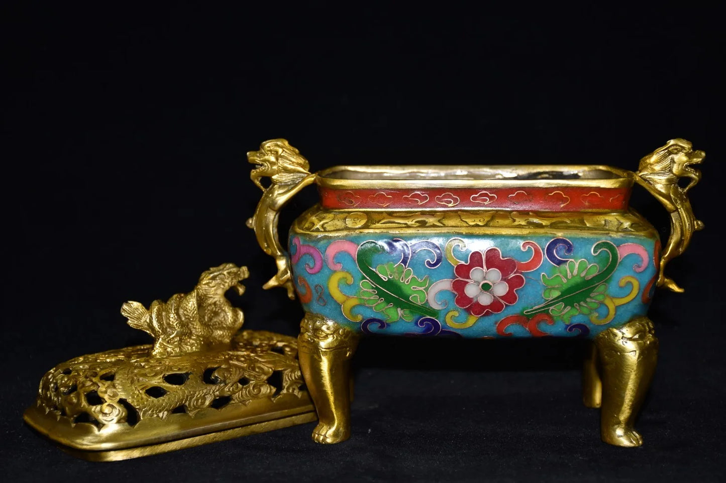 Bronze Cloisonné Dragon-Ear Incense Burner – Quadruped Temple Censer