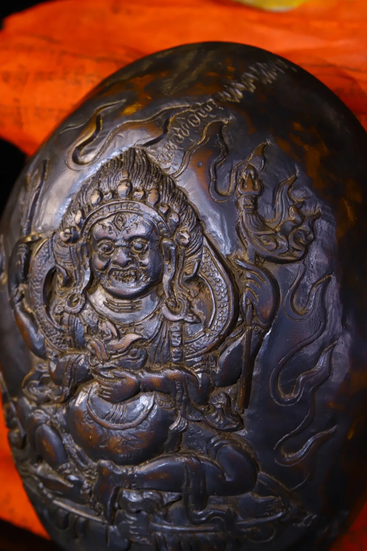6"Tibetan Temple Collection Old Gabala Bowl  Tibetan silver Skull Head Four-armed Mahakala Buddha Dharma Ornaments Town House
