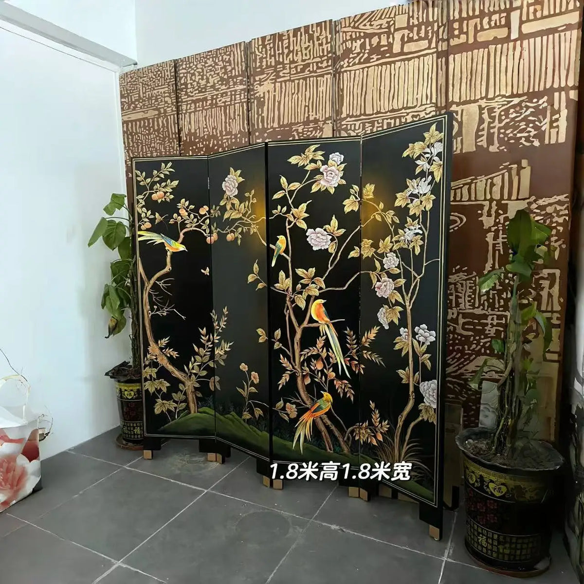 Hand-Painted Black Lacquer Relief Folding Screen – 4-Panel Flower & Bird Room Divider