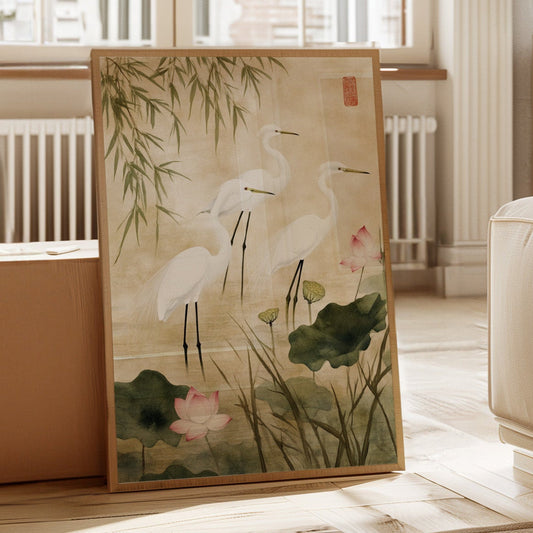 Japanese Egret Wall Art – Elegant Minimalist Nature Print