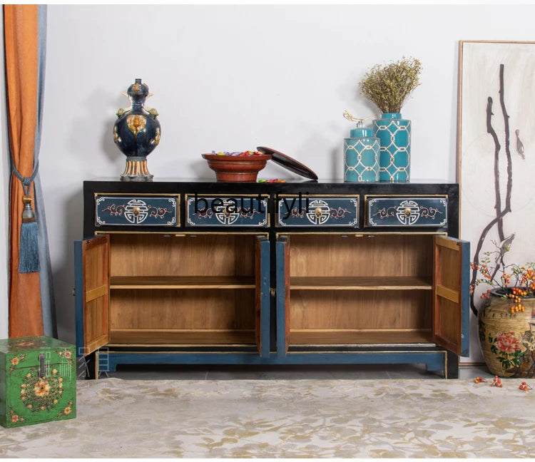 Antique‑Style Chinese Painted Cabinet – Solid Wood Foyer & Living Room Partition (160 × 43 × 85 cm)