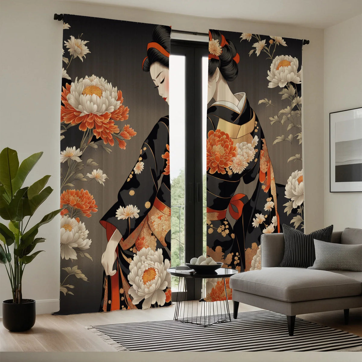 Japanese Geisha & Kimono Art Window Curtains – Traditional Oriental Drapes (2 Panels)