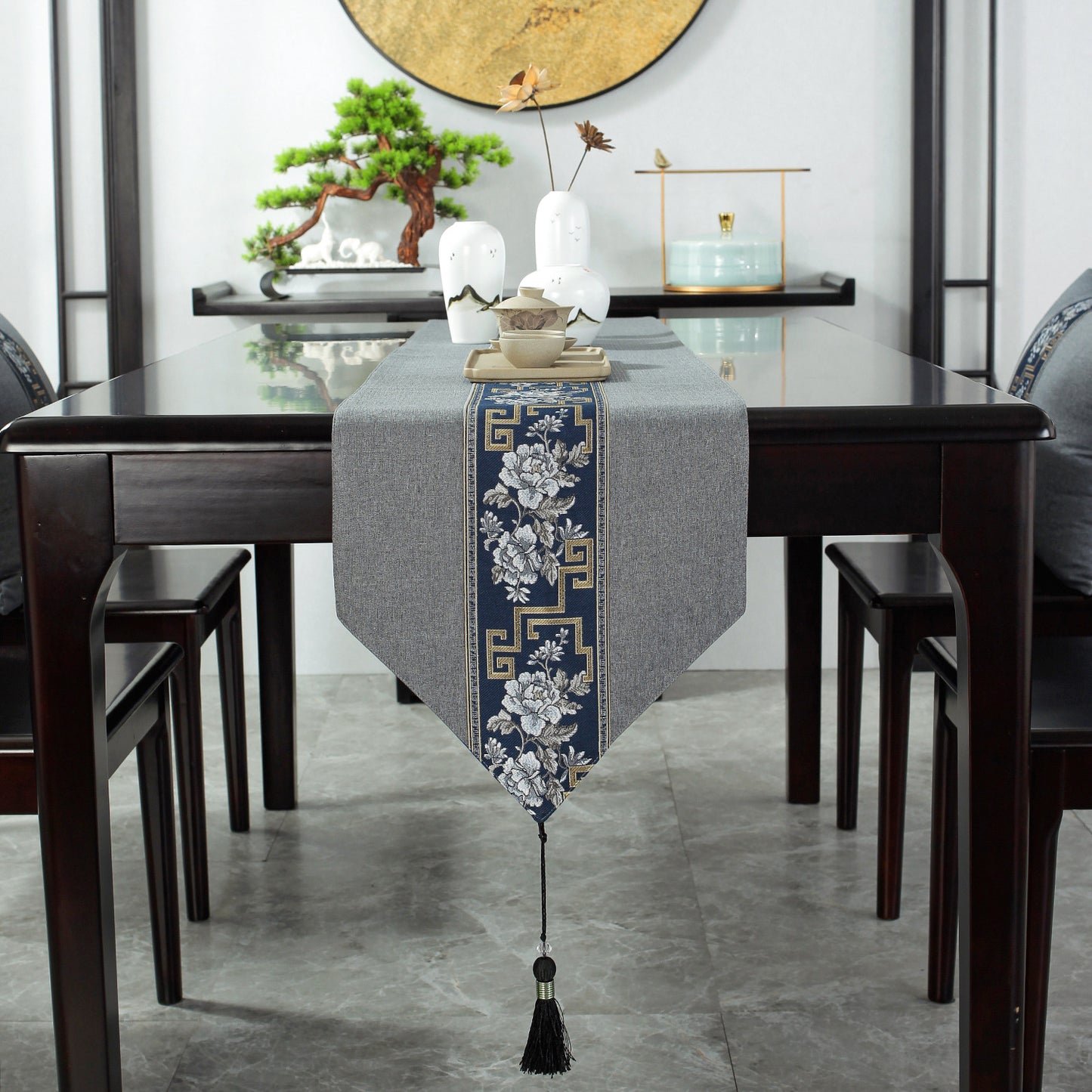 Chinese Table Runner with Floral and Zen Pattern