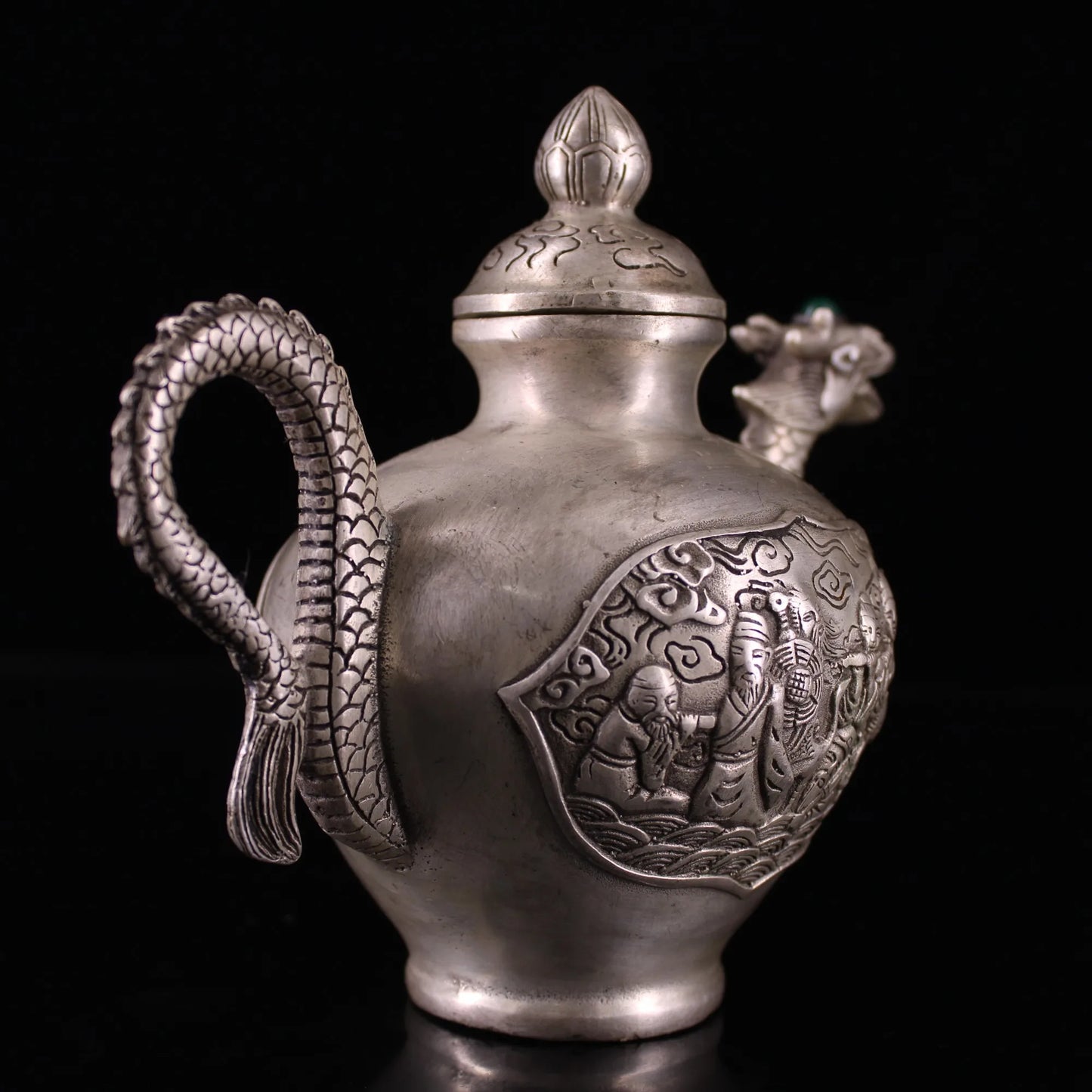 7"Tibetan Temple Collection Old Bronze Gilded Silver Mosaic Gem Eight Immortals Painting Dragon mouth flagon kettle teapot