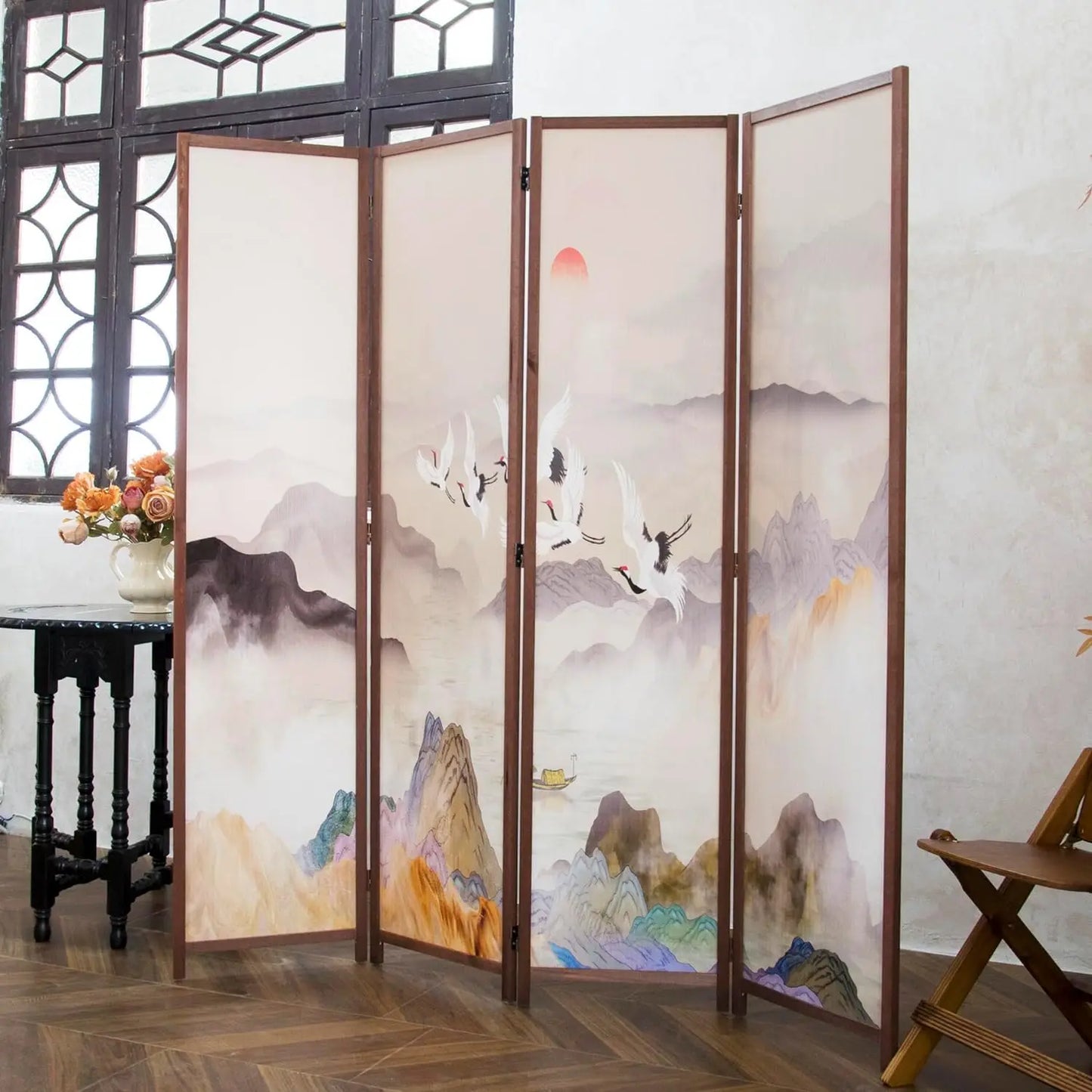 Divisor de Ambientes de 4 Paneles, Mampara Plegable de Doble Cara para Privacidad en Oficina en Casa – Separador de Ambientes Independiente con Nuevo y Elegante Paisaje Colorido 170 cm de Alto x 160 cm de Ancho - 1.7 m de Alto