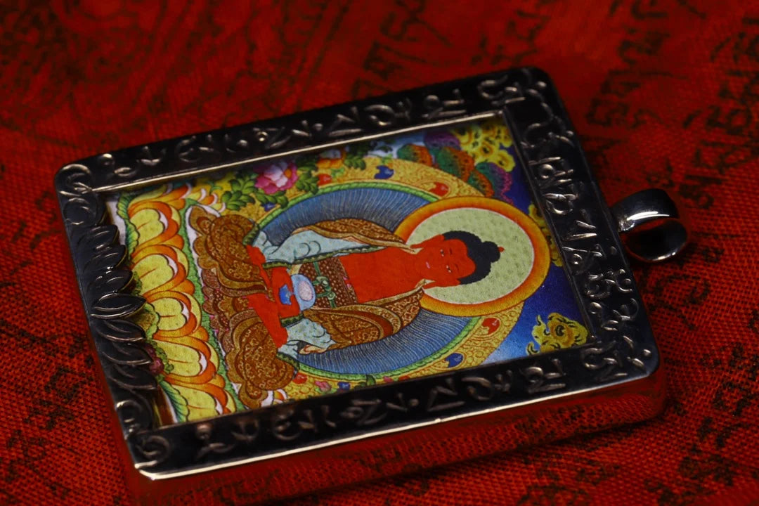 2"Tibetan Temple Collection Old Bronze Gilded silver Hand Painted Thangka Shakyamuni Buddha Pendant amulet Town House Exorcism