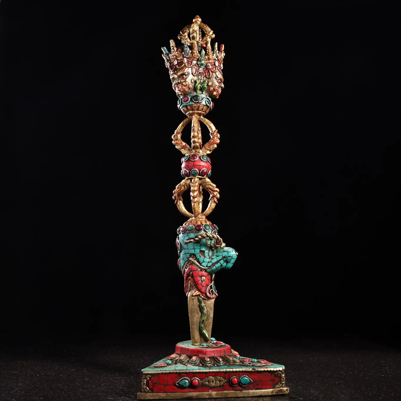 16"Tibetan Temple  Collection Old Bronze Outline in gold Painted Mosaic Gem  Turquoise Hayagriva Dorje Vajra Phurpa Worship Hall