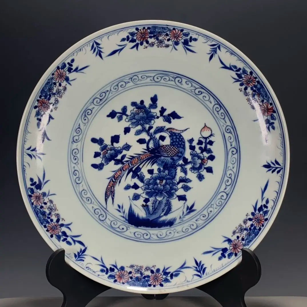 Antiker chinesischer Qing Kangxi Unterglasur-Blau-Rot-Phönix-Teller